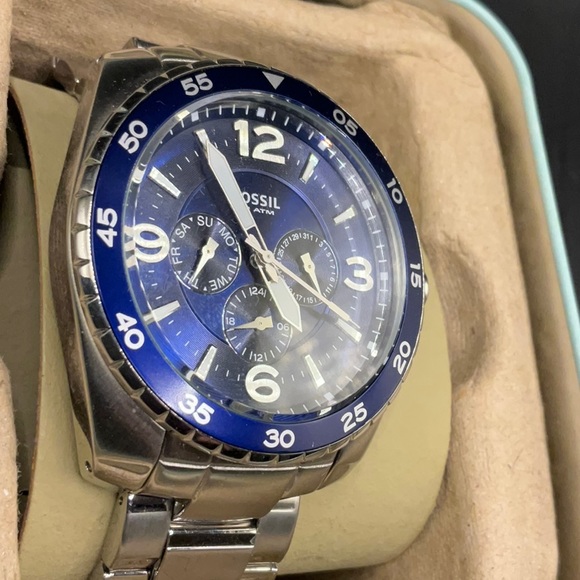 FOSSIL SPORT DIVER BQ 9373 STAINLESS BRACELET NAVY BLUE 3 EYE FACE DIAL & BEZEL - Picture 3 of 3